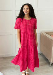Jayne Hot Pink Gingham Tiered Dress
