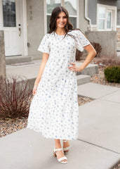 Madeline Blue Floral Guaze Tiered Dress