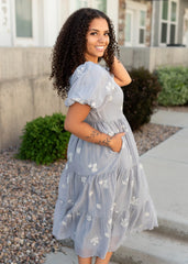 Rosie Dusty Blue Embroidered Dress