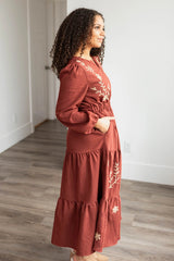 Megan Burgundy Embroidered Floral Dress