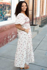 Lauren Beige Floral Smocked Dress