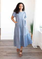 Analicia Blue Gauze Tiered Dress
