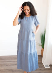 Analicia Blue Gauze Tiered Dress