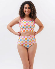 Flower Check Shoulder-Tie Crop Top