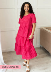 Jayne Hot Pink Gingham Tiered Dress