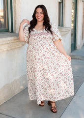 Lauren Beige Floral Smocked Dress