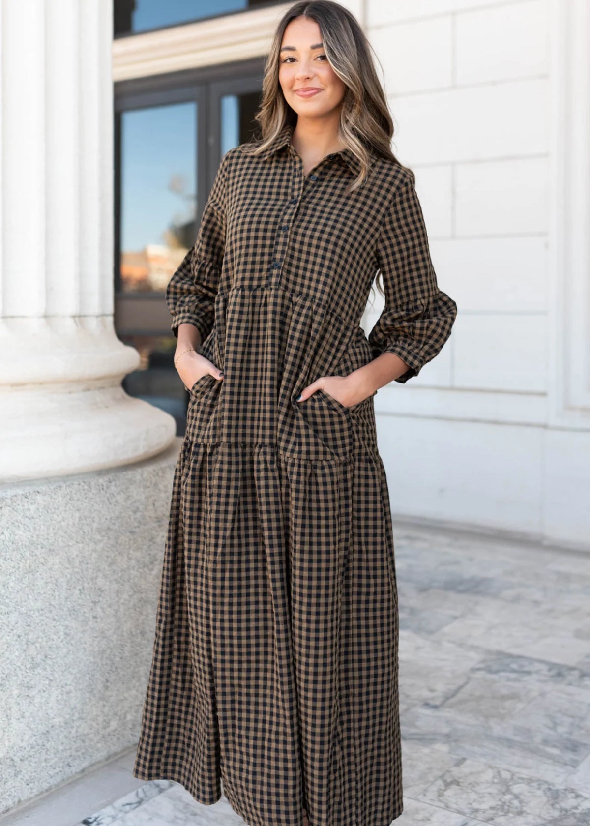 Ashlin Brown Gingham Tiered Dress