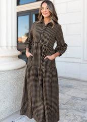 Ashlin Brown Gingham Tiered Dress