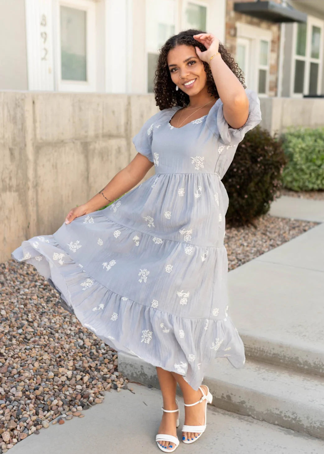 Rosie Dusty Blue Embroidered Dress