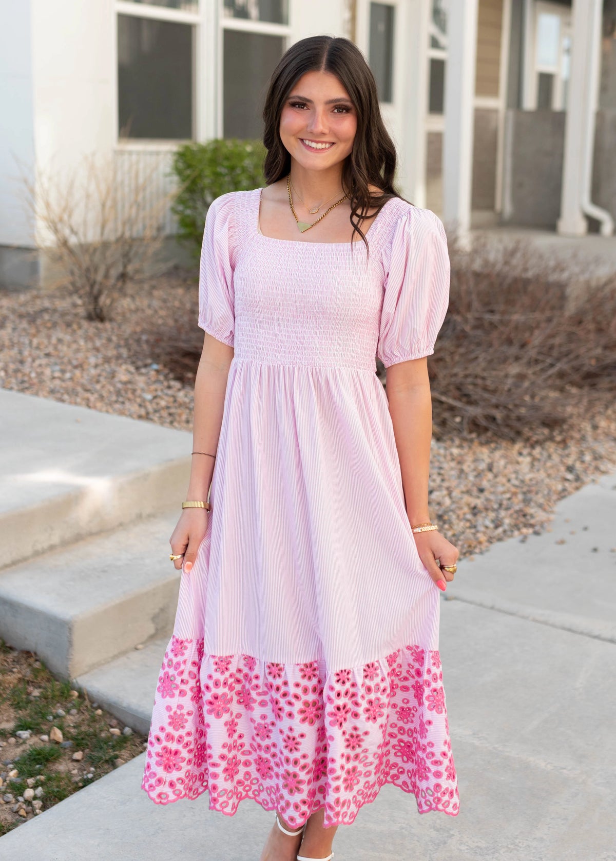 Amaiah Pink Stripe Eyelet Dress