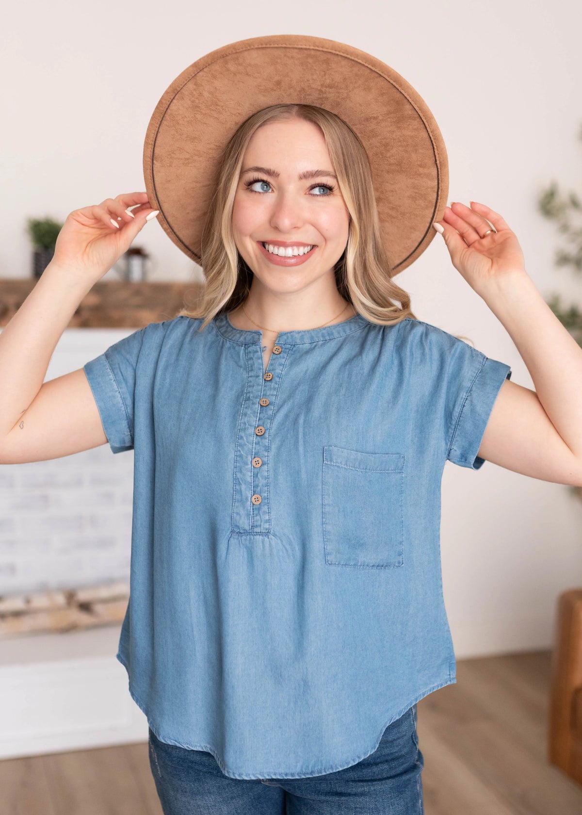 Brynlee Blue Chambray Top