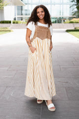 June Light Mocha Striped Overall Dress