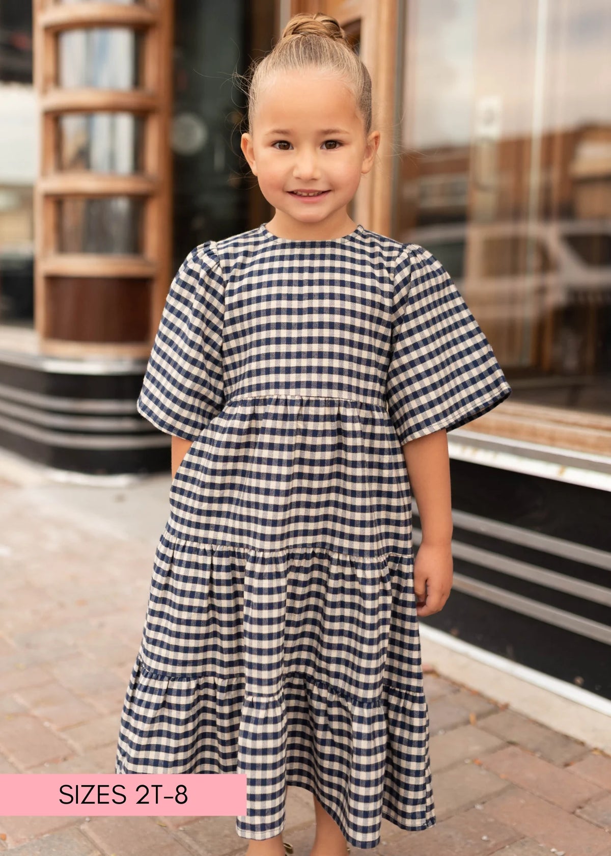 Nora Navy Gingham Tiered Little Girl Dress