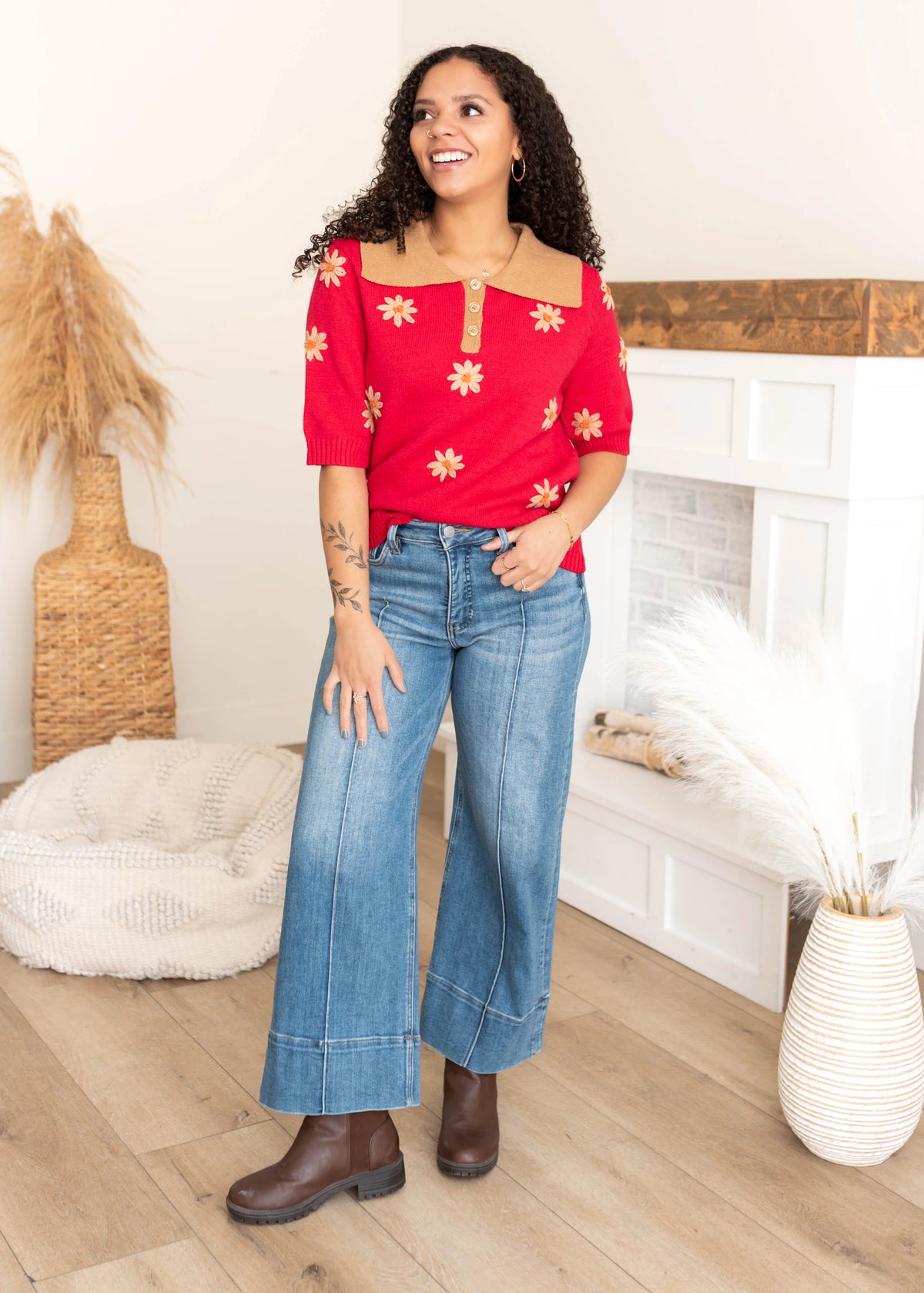 Danika Red Floral Collared Top