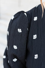 Liz Black Embroidered Button Dress