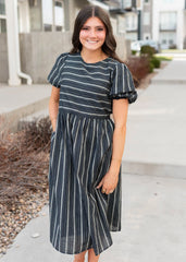 Aria Navy Jacquard Stripe Dress
