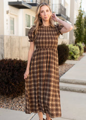 Aryah Brown Gingham Smocked Dress