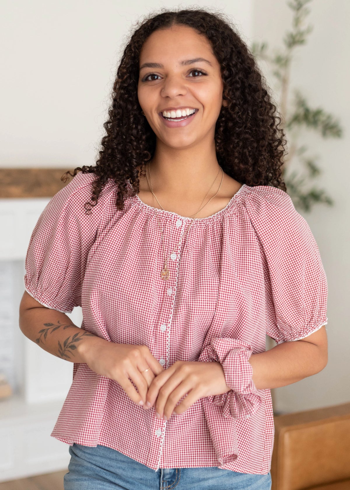 Kennedi Red Gingham Blouse & Scrunchie Set