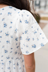Madeline Blue Floral Guaze Tiered Dress