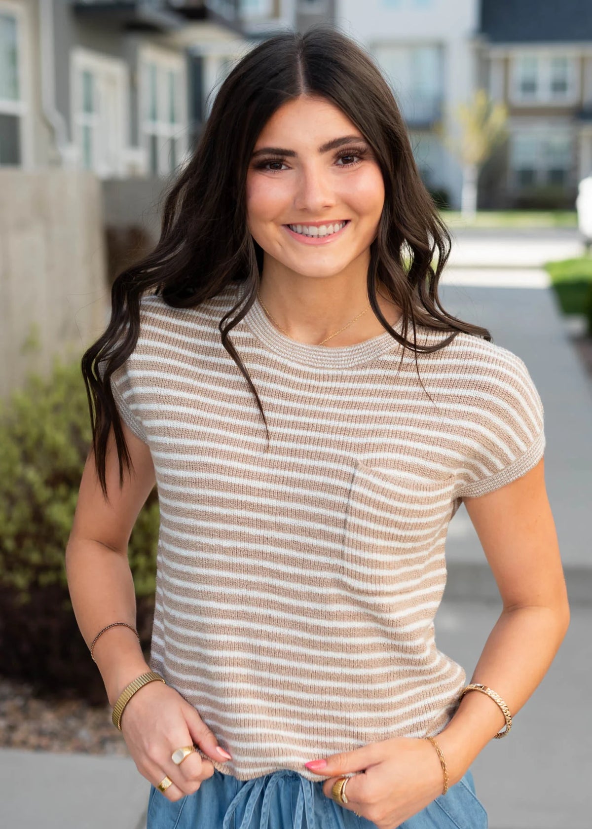Joy Light Brown Striped Knitted Top