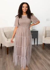 Catherine Light Mocha Gingham Dress