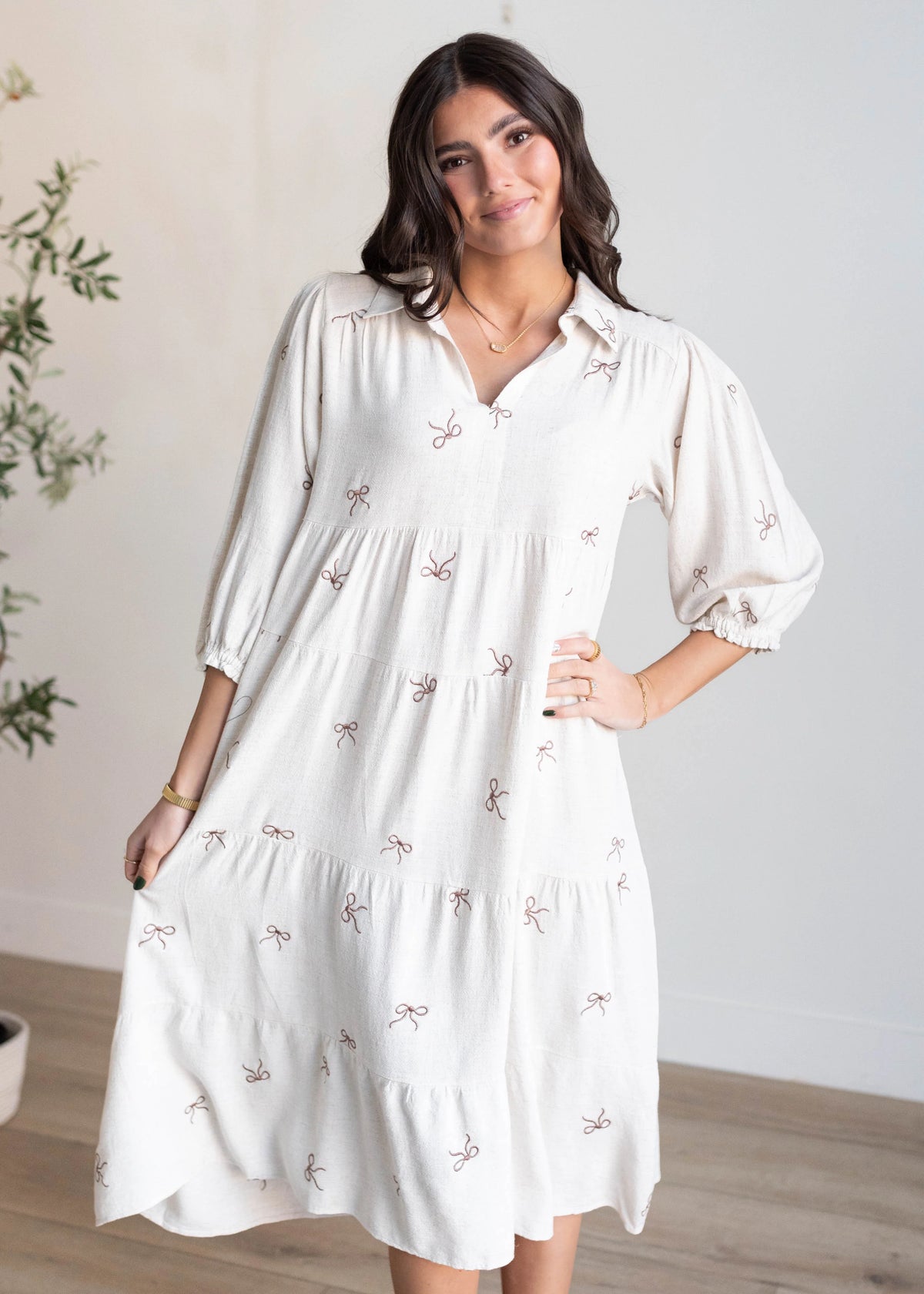 Maria Oatmeal Embroidered Bow Dress