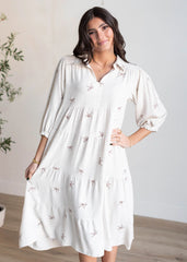 Maria Oatmeal Embroidered Bow Dress