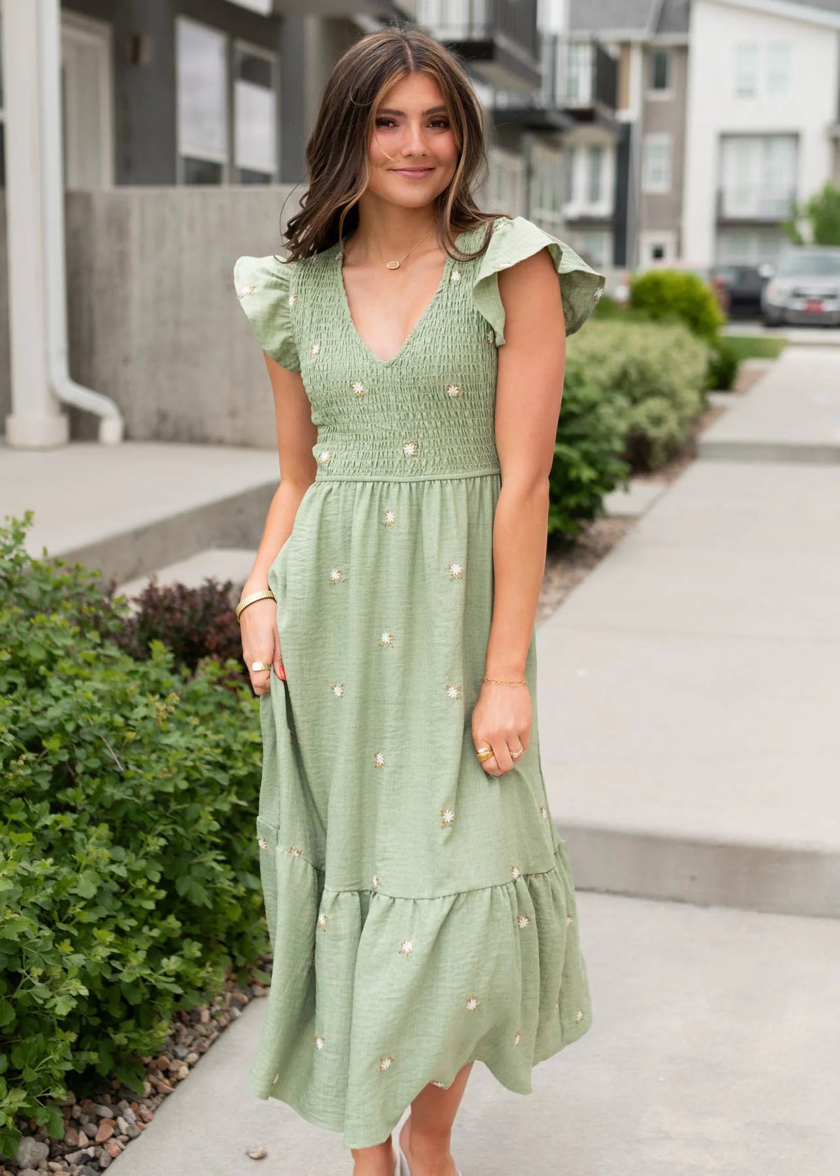 Danielle Olive Floral Embroidered Dress