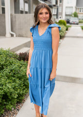 Rachelle Blue Flutter Sleeve Dress