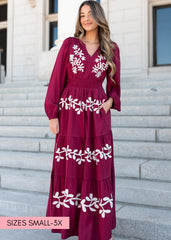 Gianna Wine Floral Embroidered Dress