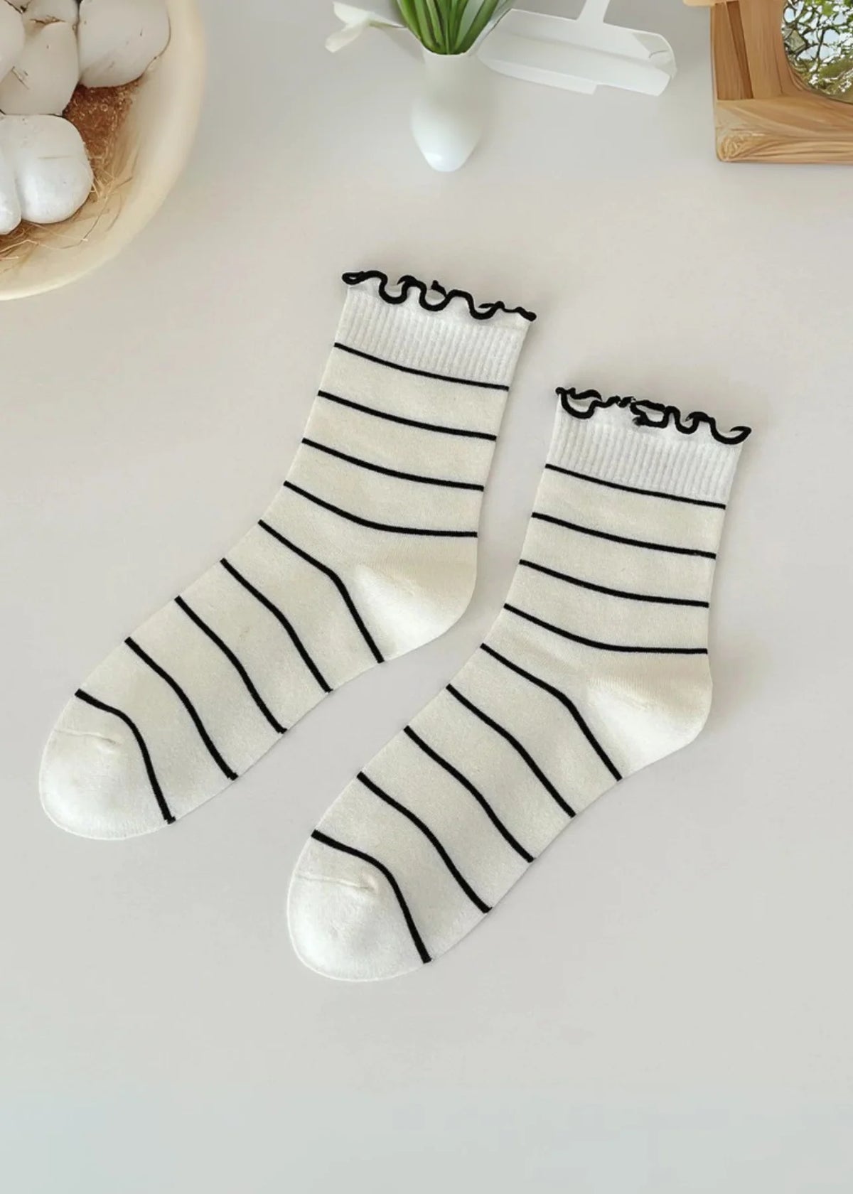 Riley Black Striped Ruffle Socks